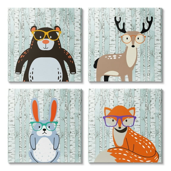 Stupell Industries Woodland Animals in Glasses Animals & Insects Painting Gallery Wrapped Canvas Art Print Wall Art, 17 x 17, Set of 4