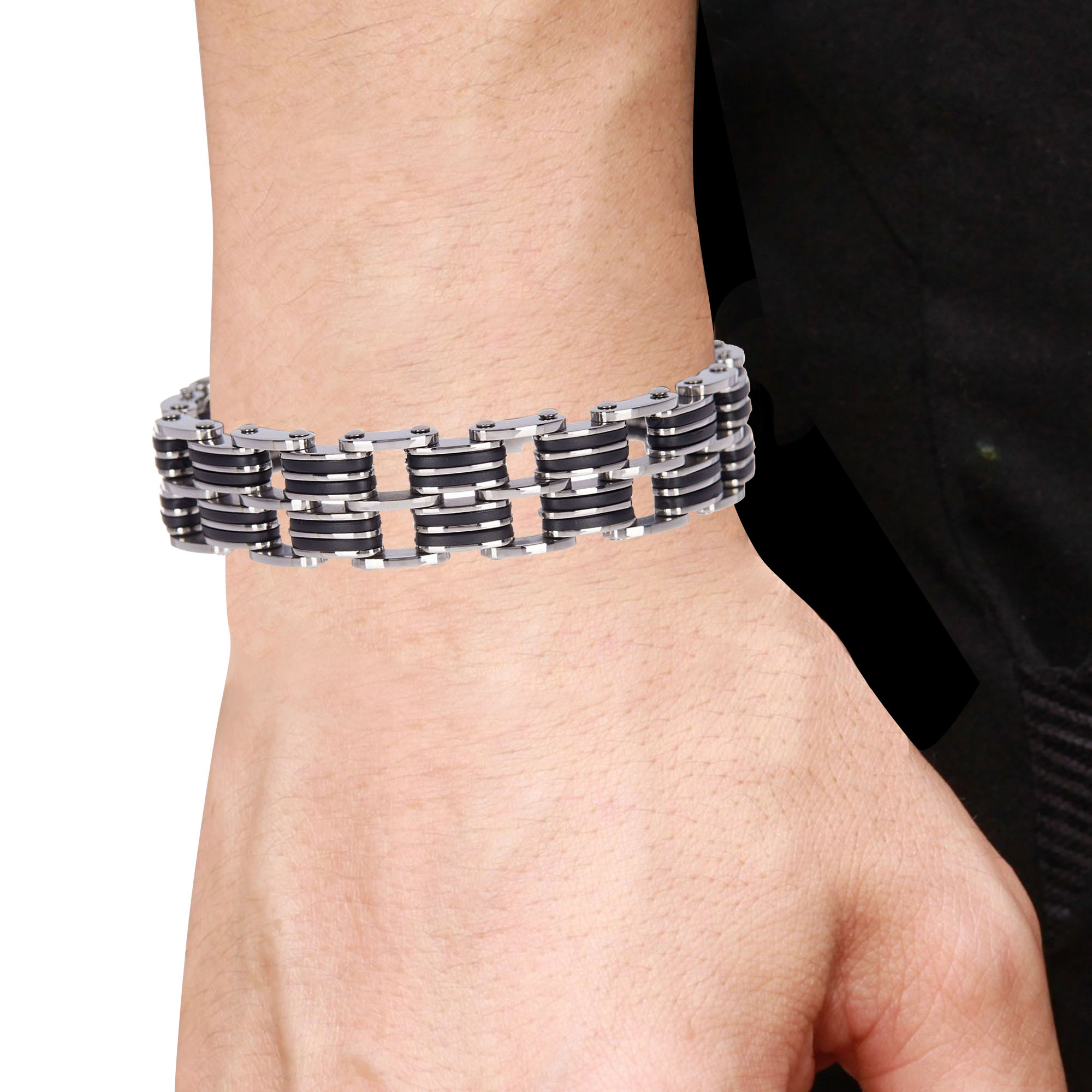 Arista Men's Link Bracelet in Black Silicon & Polished Stainless Steel, 8.5"