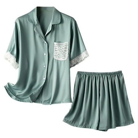 VMESZQFG Women s Pajama Set Petite Flannel Pajamas Women s Casual Two Piece Solid Color Lace Satin Lapel Button Short Sleeve Shorts Pajamas Pajama Set Women Cute Sleepwear Green