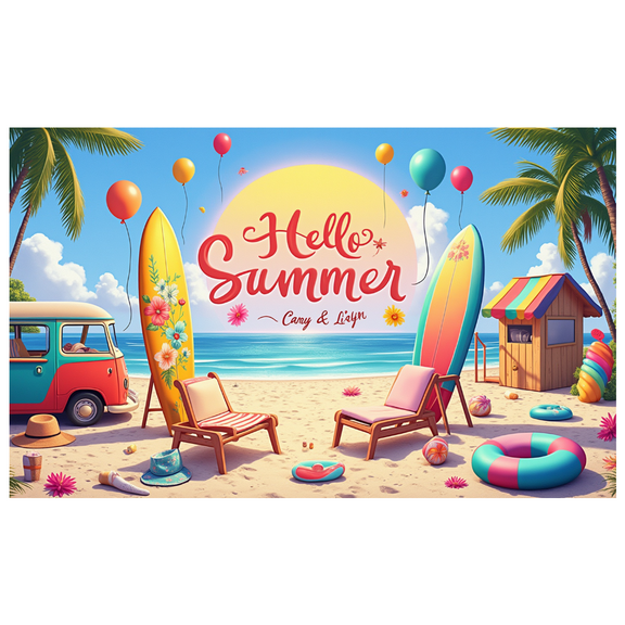 Colorful Design Summer Beach Banner Vibrant Surfboards Palm Trees Hello Summer for Outdoor Party Tropical Beach Event Vacation