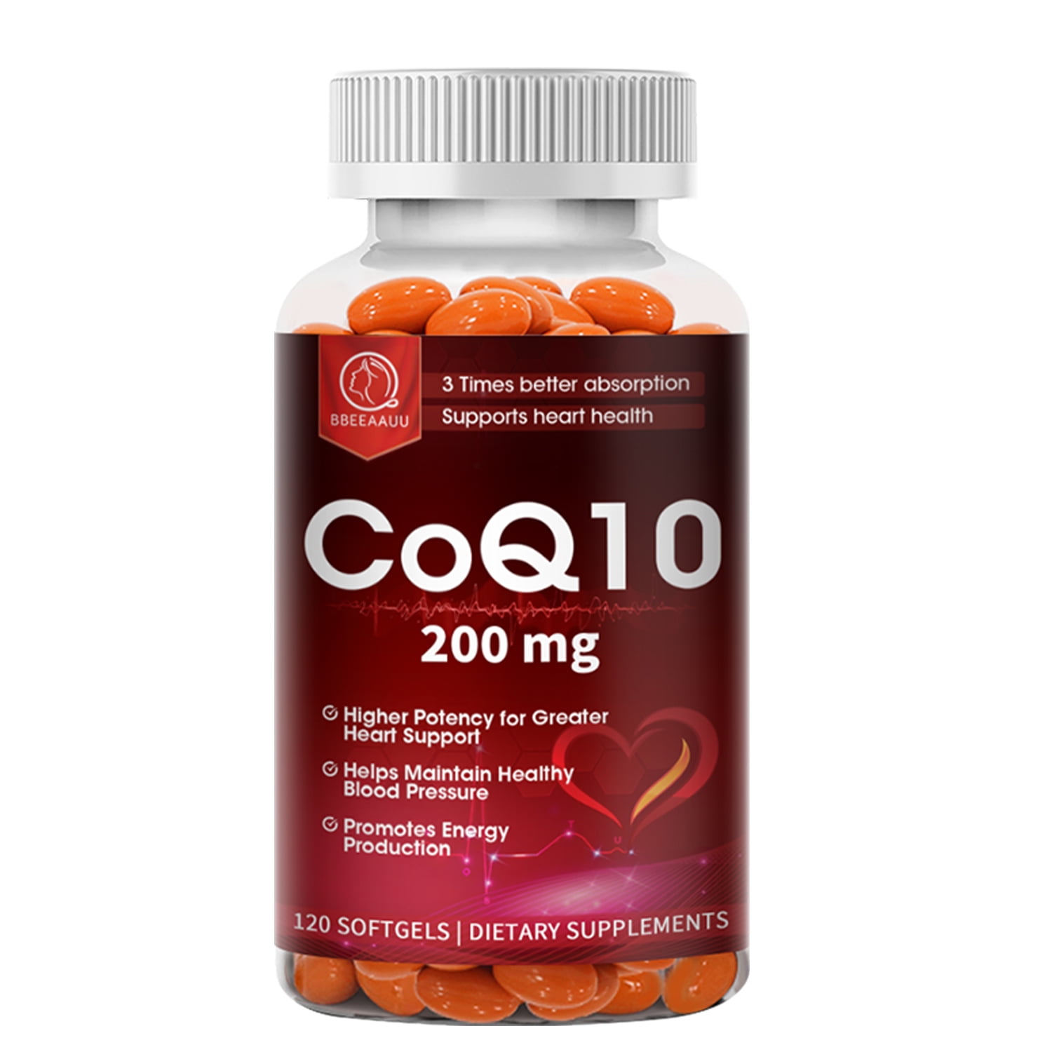 BBEEAAUU COQ10 Coenzyme Q10 200mg Vegetarian Capsule Promotes Cardiovascular Health Heart Health - 120Ct