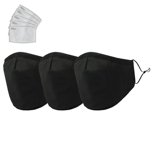 DALIX Cloth Face Mask 3 Layer Filter Pocket Adjustable Nose Ear Loops S/M  Black with Filter- 3 Pack