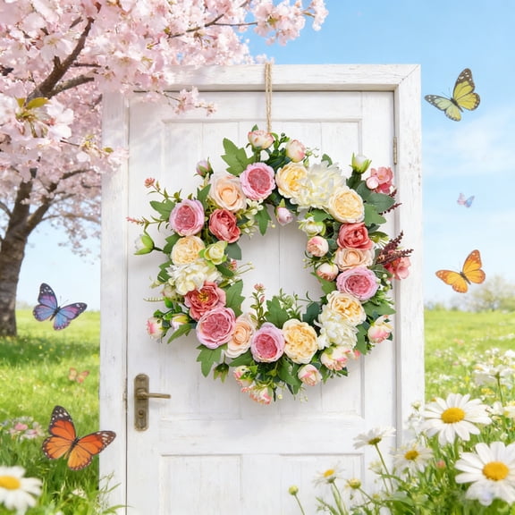 Artificial Peony Flower Wreath 16Inch Vintage Blooming Silk Peonies Spring Summer Fall Winter Large Wreaths Flower Green Leaves for Outdoor Front Door Indoor Wedding Wall Or Window Décor
