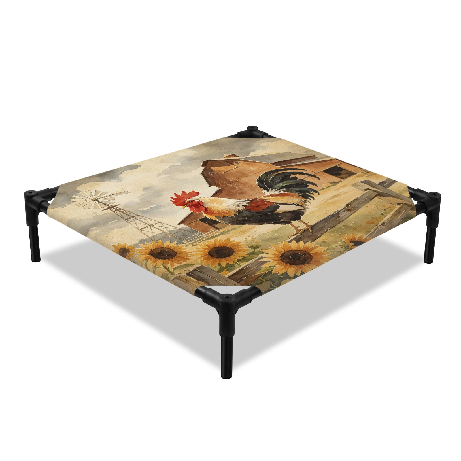 Country Rooster Elevated Dog Bed Rustic Yellow Sunflowers Barn Windmill Cooling Breathable Outdoor Raised Dog Cot Bed with Metal Frame Non-Slip Feet for Small Dog 20x20in
