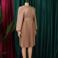 thumbnail image 4 of AURA Womens Elegant V Neck Pleated Midi Dress Long Puff Sleeve High Waist A Line Zipper With Belt, 4 of 10