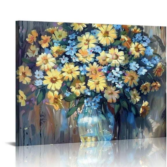 Nawypu Bathroom Decor Wall Art Rustic Flower Pictures Wall Decorations for Bedroom Vintage Blue Theme Canvas Framed Artwork Printed & Ready to Hang for Office Farmhouse Kitchen Living Room