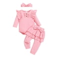 thumbnail image 5 of NIEWTR Newborn Baby Girl Clothes Short Sleeve Letter Print Ribbed Romper Floral Pants Headband 3Pcs Clothing Set(A-Pink,12-18 Months), 5 of 6