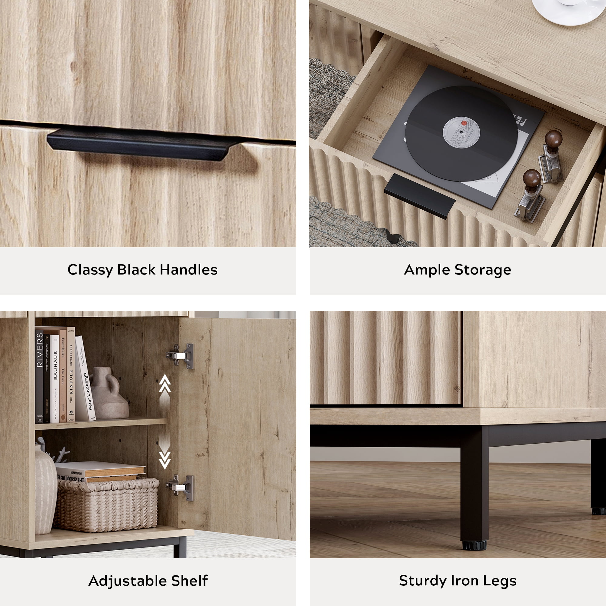 EYYTHUNG 47" Fluted Executive Desk, Modern Wood Home Office Desk with Charging Station, Drawer & Cabinet, Computer Writing Desk