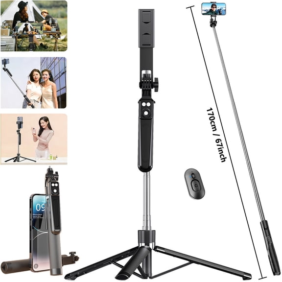 Selfie Stick Tripod 67" , Basic Phone Stand for Phone ， All-in-One Extendable Tripod with Remote, 360° Rotation Handle , Portable Travel Vlog Kit for Video Recording Live Streaming
