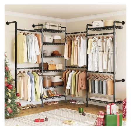 L4 Wall Mounted Industrial Pipe Clothing Rack, Closet Organizer System with 6 Hanging Clothes Rods ( 4 Expandable Rods) & 8 Shelves, Heavy Duty Corner Garment Rack, Large Wardrobe - Black
