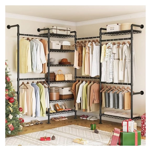 L4 Wall Mounted Industrial Pipe Clothing Rack, Closet Organizer System with 6 Hanging Clothes Rods ( 4 Expandable Rods) & 8 Shelves, Heavy Duty Corner Garment Rack, Large Wardrobe - Black