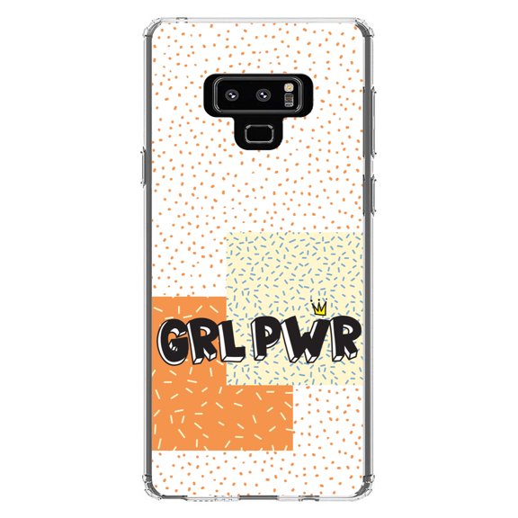 DistinctInk Clear Shockproof Hybrid Case for Samsung Galaxy Note 9 - TPU Bumper, Acrylic Back, Tempered Glass Screen Protector - Girl Power - GRL PWR - Crown, Polka Dots