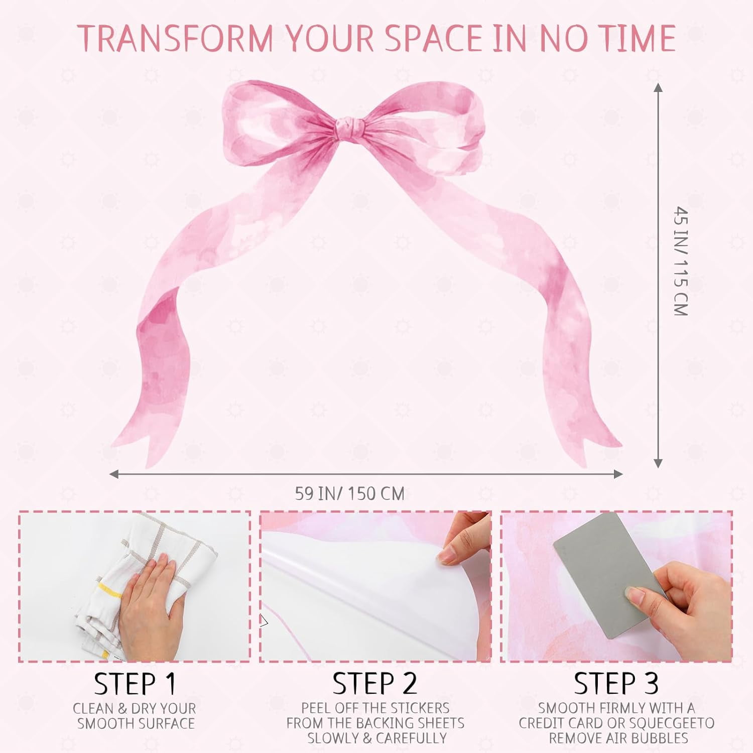 59 x 45 Inch Large Pink Bow Wall Stickers Peel and Stick Coquette Girl Room Decor Large Watercolor Bow Stickers Preppy Waterproof Vinyl Decals Wall Decor for Girl Room Nursery Kindergarten