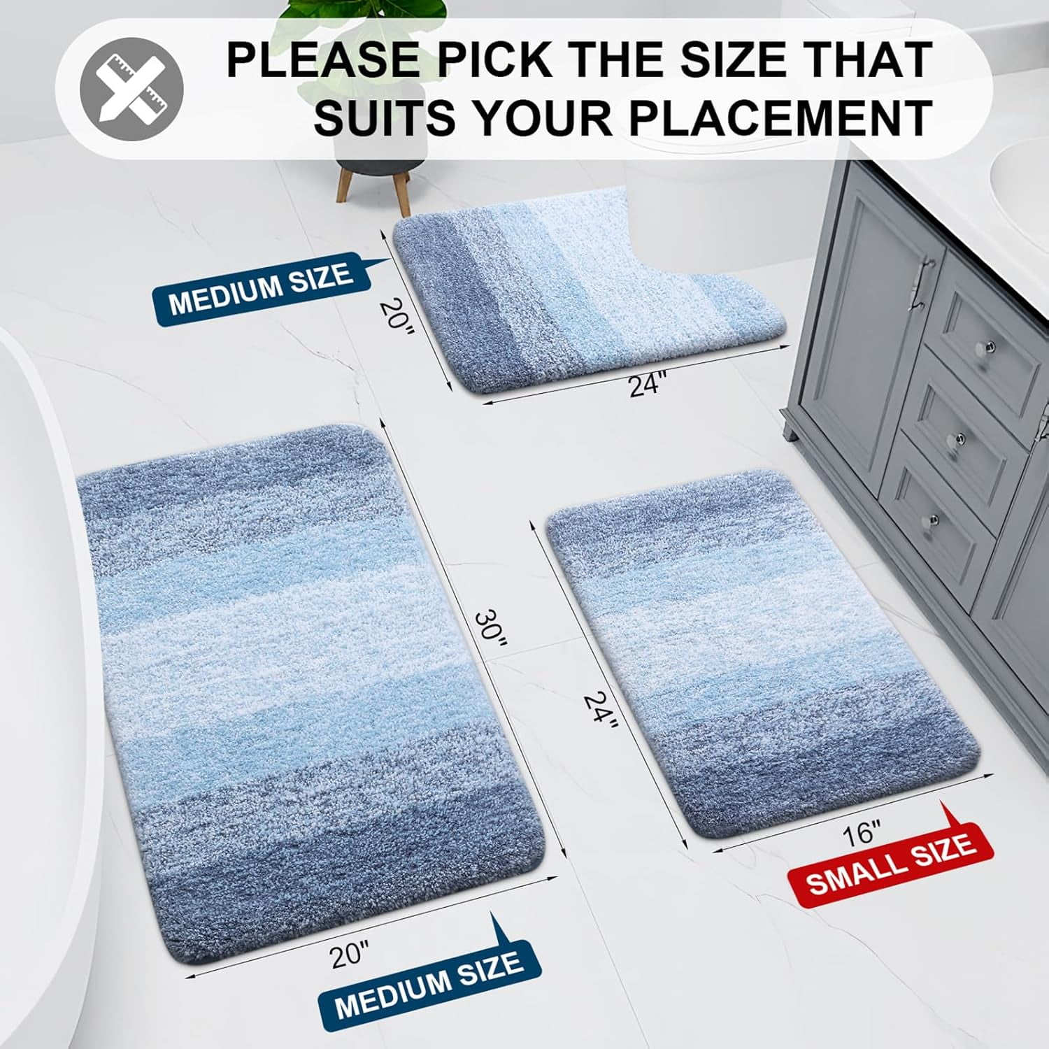Evlmd Blue Bathroom Rugs Mat, Large Bath Rug for Bathroom Floor Non-Slip, Super Elastic Soft Easier to Dry Bath Shower Mat Runner, Machine Washable Bath Mat, 24" x 59"