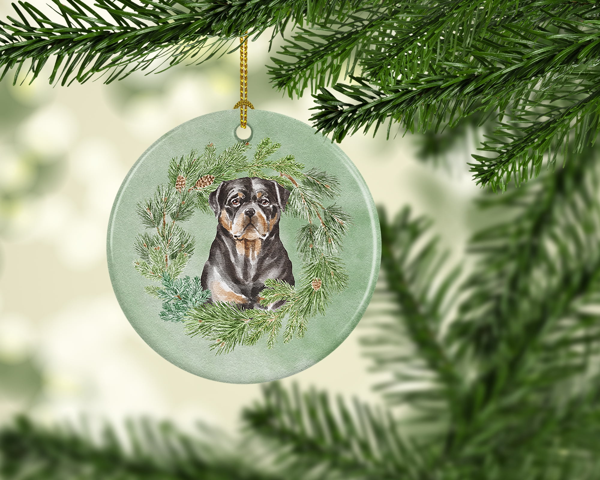Rottweiler Sitting Tall Christmas Wreath Ceramic Ornament 2.8 in x 2.8 in