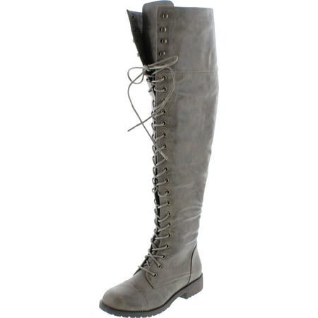 

NATURE BREEZE Lug-48 Women s Over The Knee Lace Up Block Heel Boot Half Size Small Taupe 6