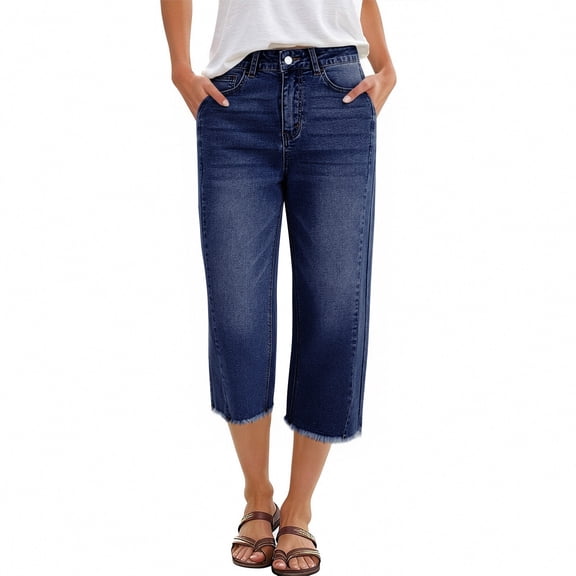 Womens Capri Jeans Stretchy Frayed Raw Hem Wide Leg Cropped Jenas with Pockets 2026 Summer High Waisted Denim Pants, M