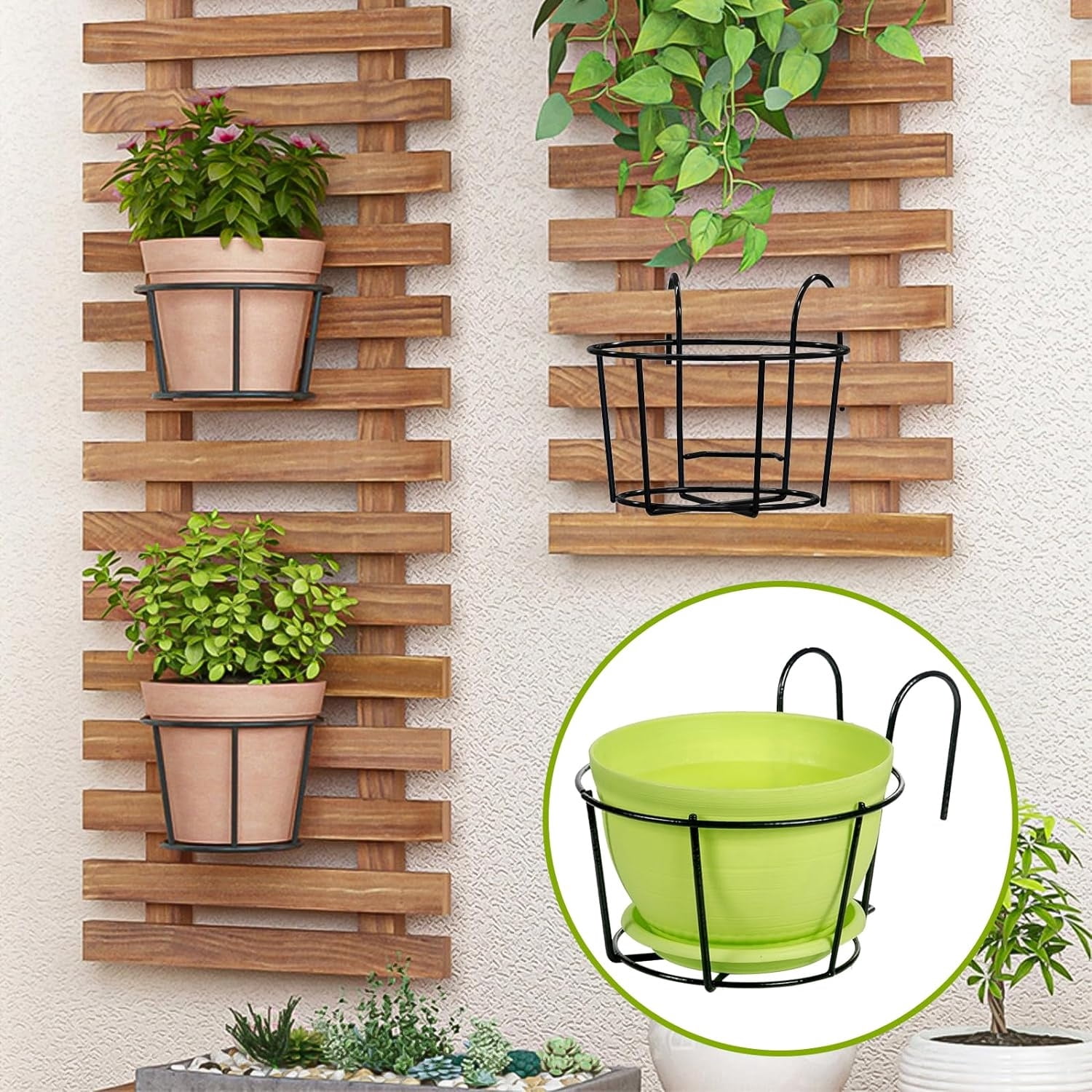 4Pcs Hanging Railing Planter,Over the Rail Flower Pot Holder Hanger, Balcony Planters Railing Hanging, Round Plant Baskets Metal Potted Stand Mounted Deck Porch Patio for Indoor Outdoor, Black
