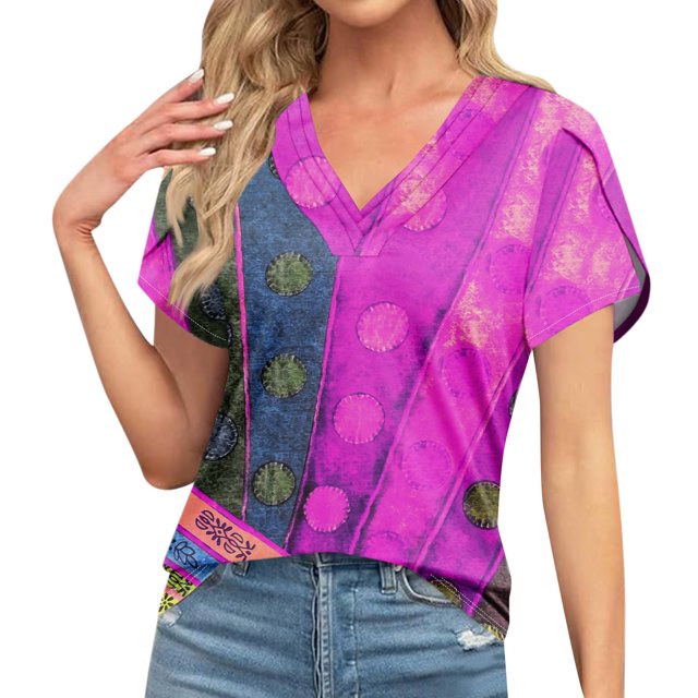 Hauts à Manches Courtes Amples à Col en V Rétro à Imprimé pour Femmes,Purple-A2W m
