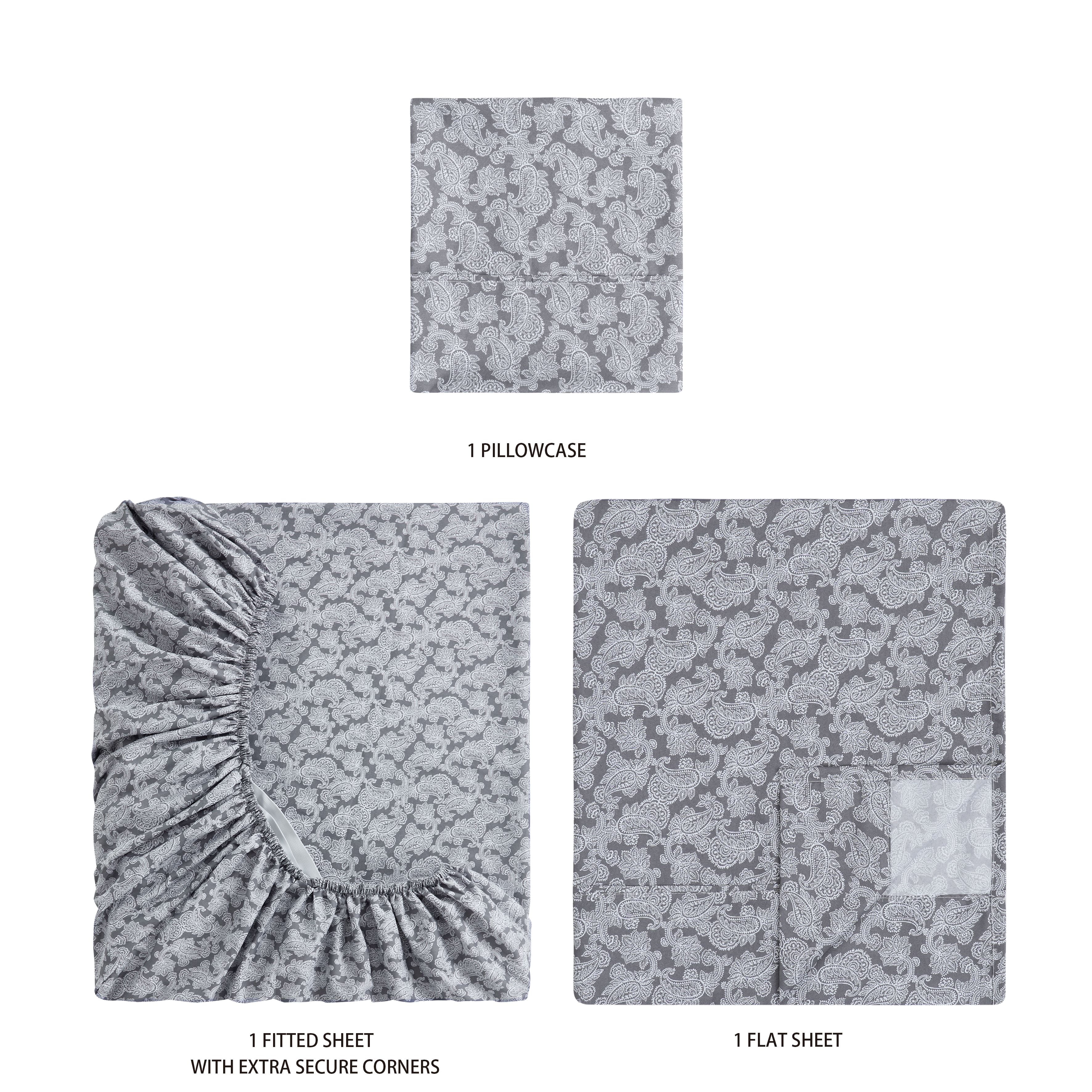 Mainstays Super Soft Brushed Microfiber Bed Sheet Set, Grey Paisley Print, Twin-XL, 3 Piece