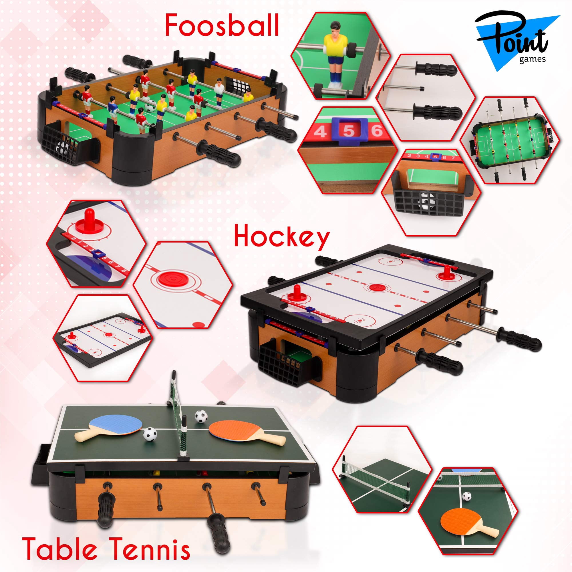Point Games 3 in 1 Small Multi Game Set, Foosball, Air Hockey, Table Tennis - Portable Mini Arcade Table for Easy Carry - Perfect Arcade Gift for Children - Recommended Age 3+