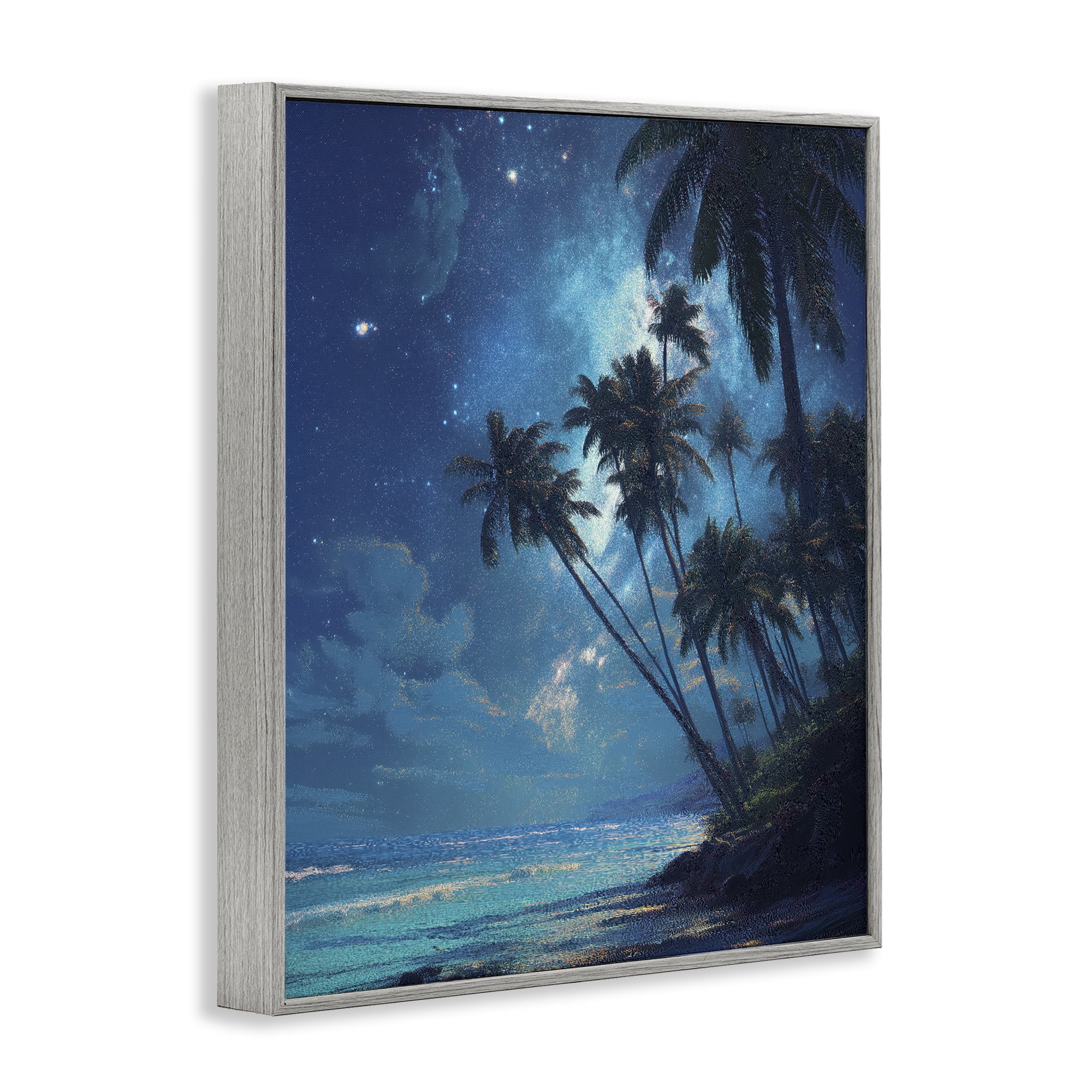 Moonlit Beach Palm Trees Gray Framed Giclee Art, design by Ziwei Li