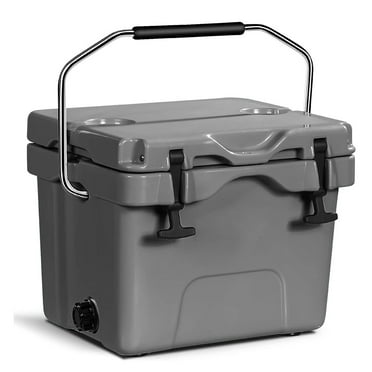 16 Quart Cooler, 24 Can Insulated Ice Chest Box with Stainless Steel Handle, Portable Hard Cooler with 2 Cup Holders, 3-5 Days Ice Retention for Camping, Picnic, Fishing and Outdoor, Gray