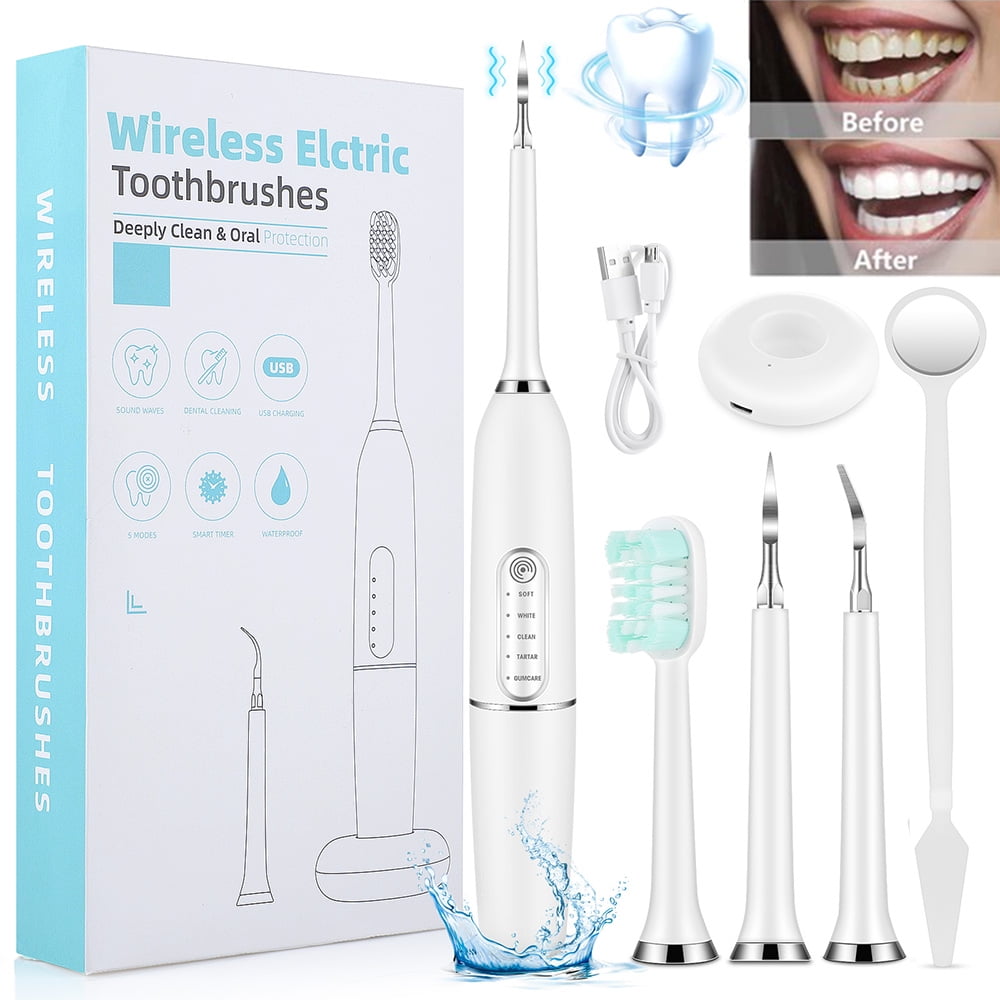 Plaque Remover for Teeth, Ultrasonic Tooth Cleaner Electric Tooth Scaler Set with 5 Modes, Cordless IPX7 Waterproof Rechargeable Tartar and Plaque Remover Professional Dental Teeth Cleaning Tools