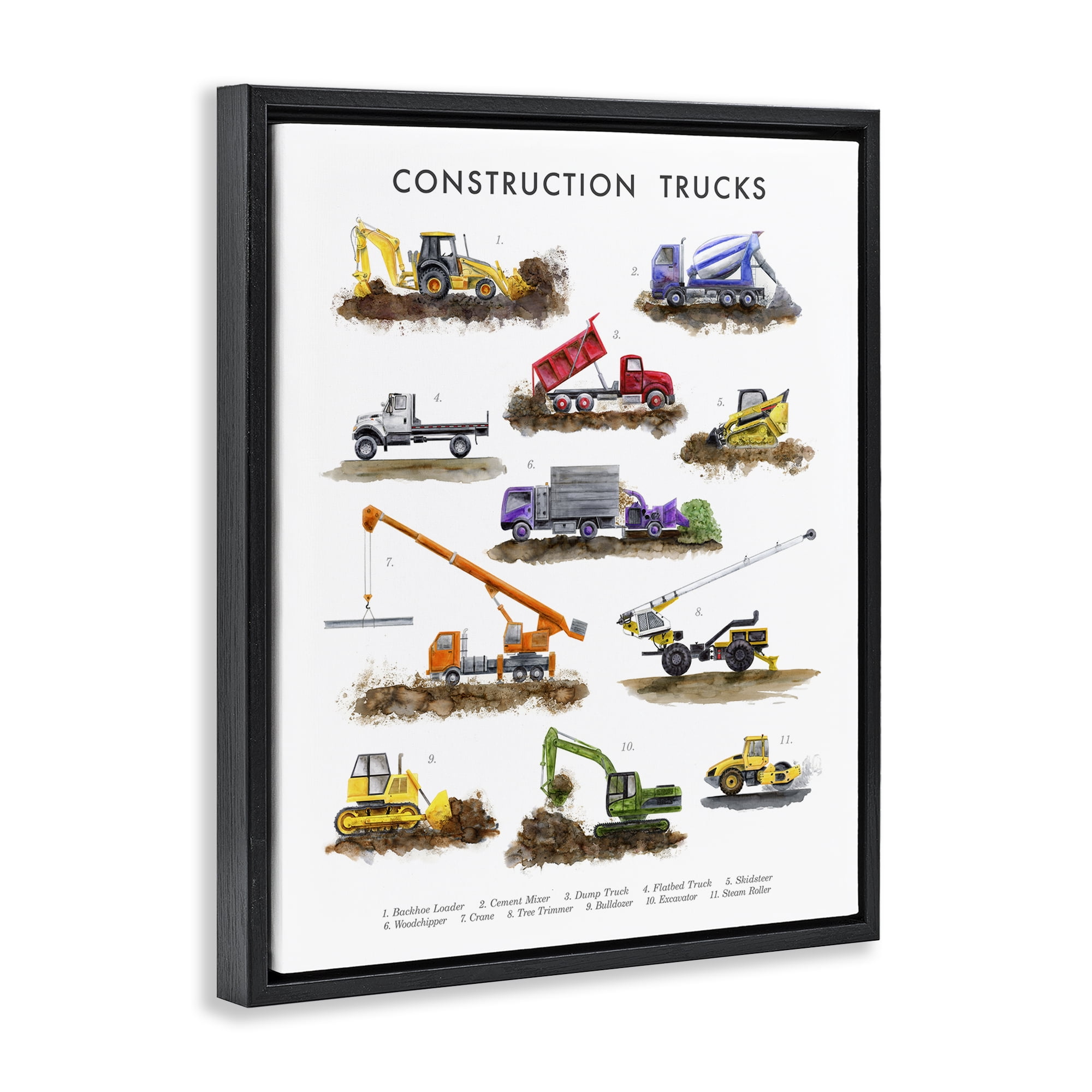 Stupell Industries Educational Construction Trucks Transportation Painting Black Floater Framed Canvas Art Print Wall Art, 25 x 31