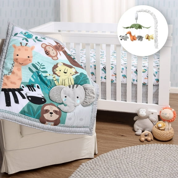 The Peanutshell Safari Adventures 4 Piece Baby Nursery Crib Bedding Set, Quilt, Crib Sheets, Crib Skirt, and Mobile