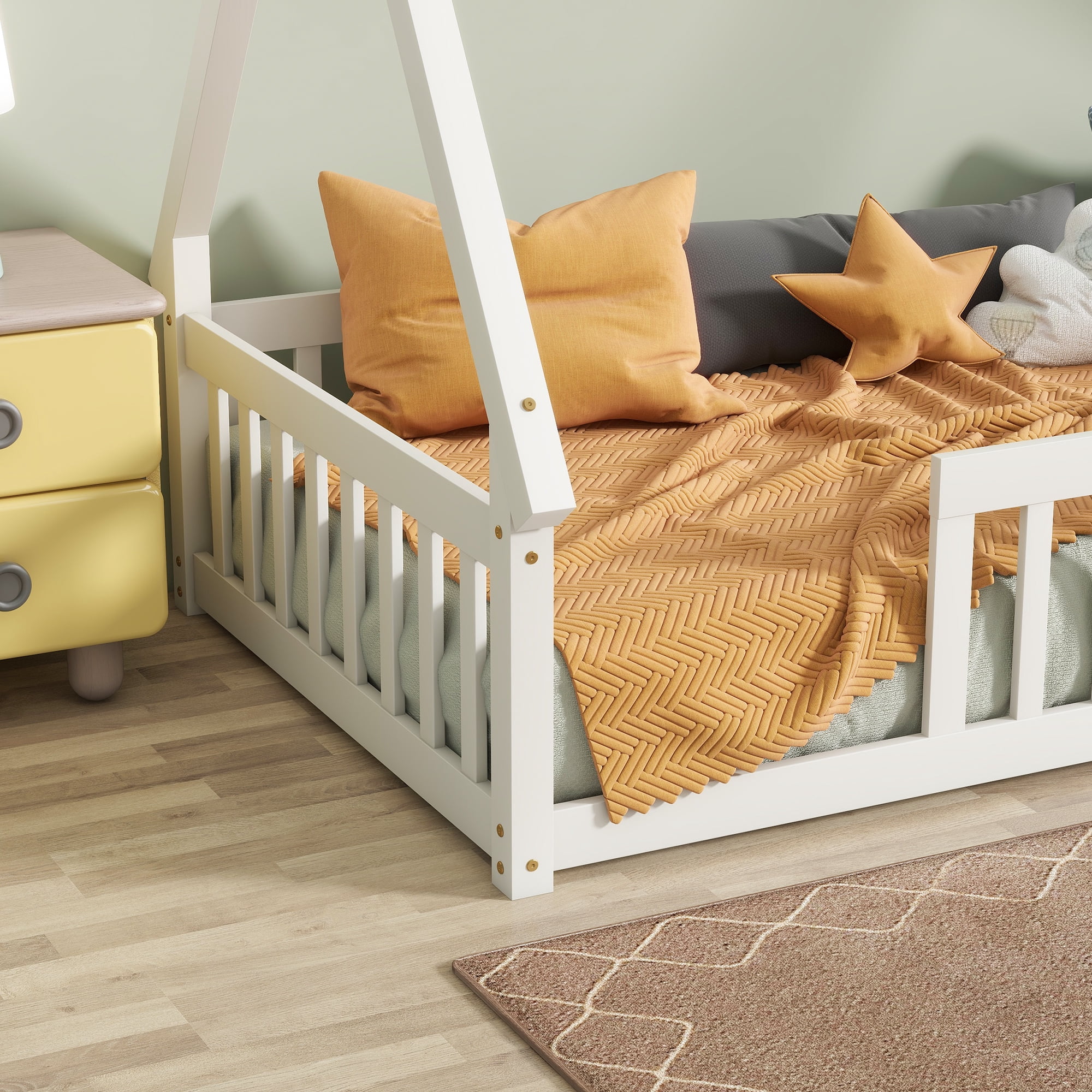 Sailvan Twin Tent-shaped Floor Bed,Teepee Bed with Guardrails,Slats