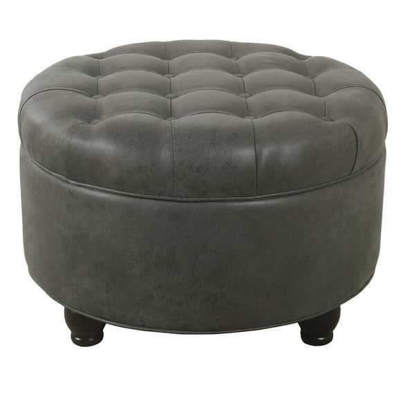 Homepop Home Decor | Large Button Tufted Faux Leather Round Storage Ottoman | Ottoman with Storage for Living Room & Bedroom (Gray)