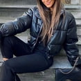 thumbnail image 4 of Winter Thick Warm Cropped Puffer Jacket Women Black PU Leather Parkas Elegant Zipper Coat Cotton Padded Punk Outwear, 4 of 6