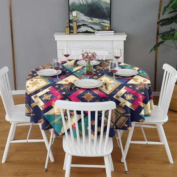 Design Pattern Round Tablecloth 60 Inch – Waterproof Polyester Table Cover with Full Print Design, Wrinkle Resistant & Washable for Kitchen Dining Party Decor