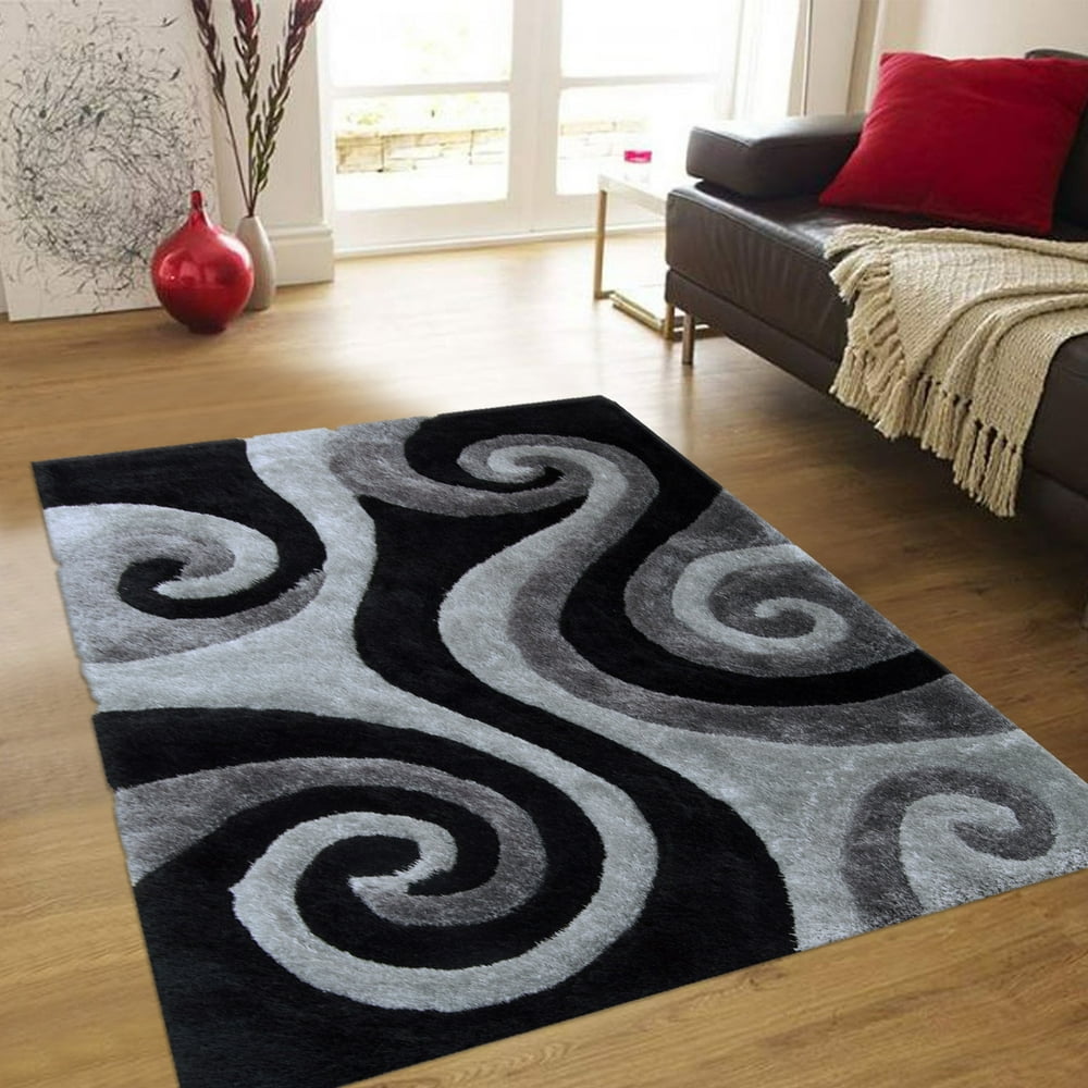 Allstar Grey Shaggy Area Rug with 3D Black Spiral Design. Contemporary Formal Hand Tufted (5' x