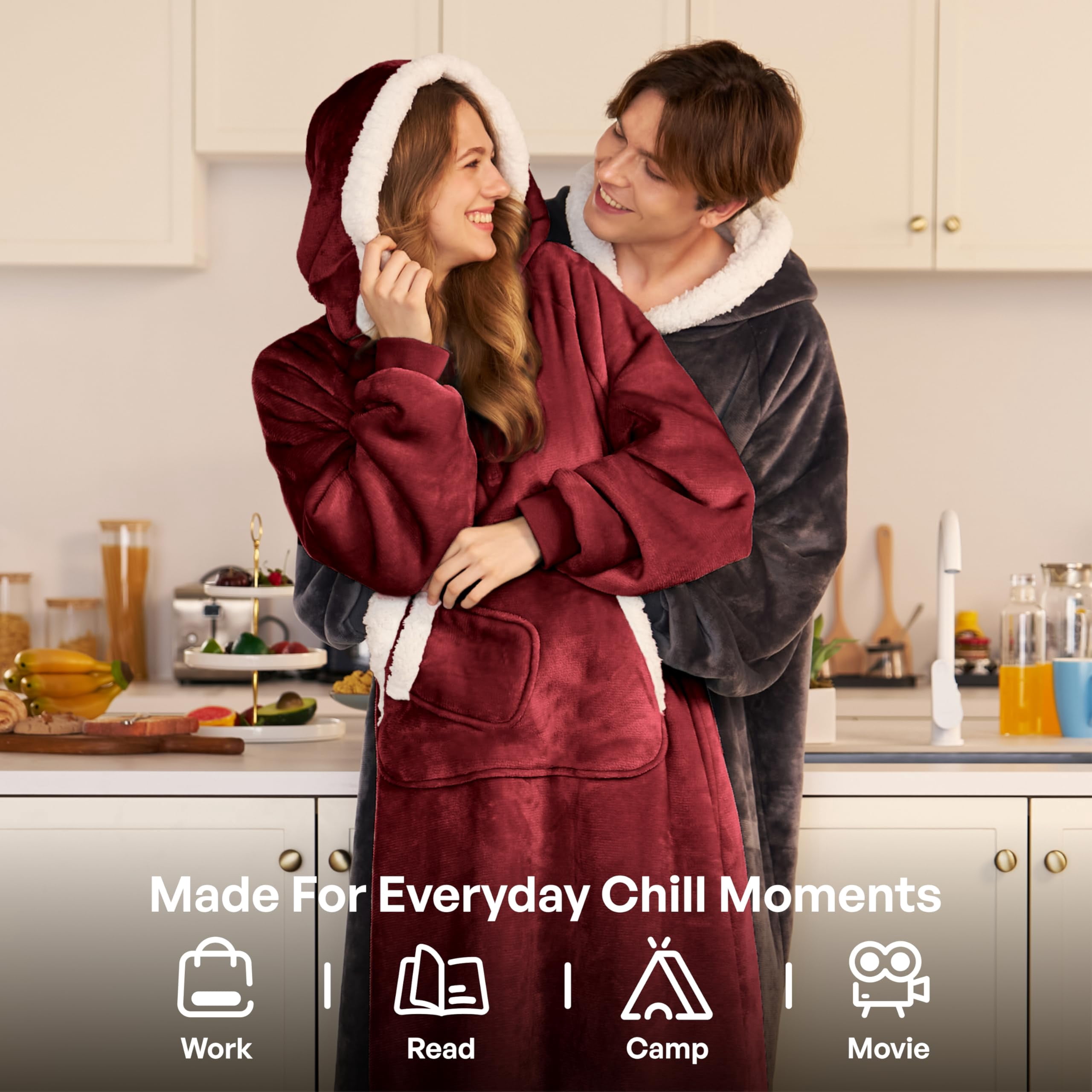 Joyfy Wearable Blanket Hoodie, Long Hooded Blanket Sweatshirt, Oversize Hoodie for Women and Men,Clothing Gift for Women Men Mom Dad,Giant Hood Pocket and Sleeves for Adult(Burgundy,Regular)