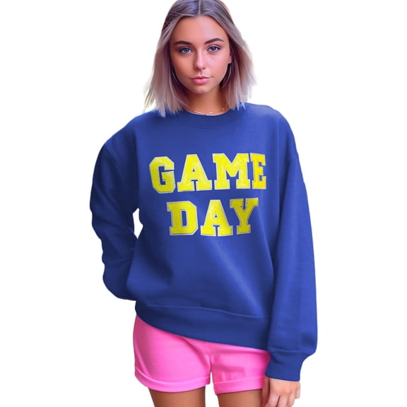 Women's Dark Blue Game Day Crew Neck Graphic Pullover Sweatshirt with Sequin Design | [ZhiHiMeRi] | (US 12-14)L
