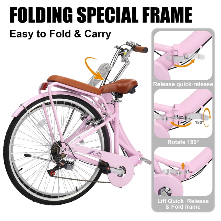 Ktaxon 24 Inch Folding Beach Cruiser Bike, 7 Speed Womens Bike