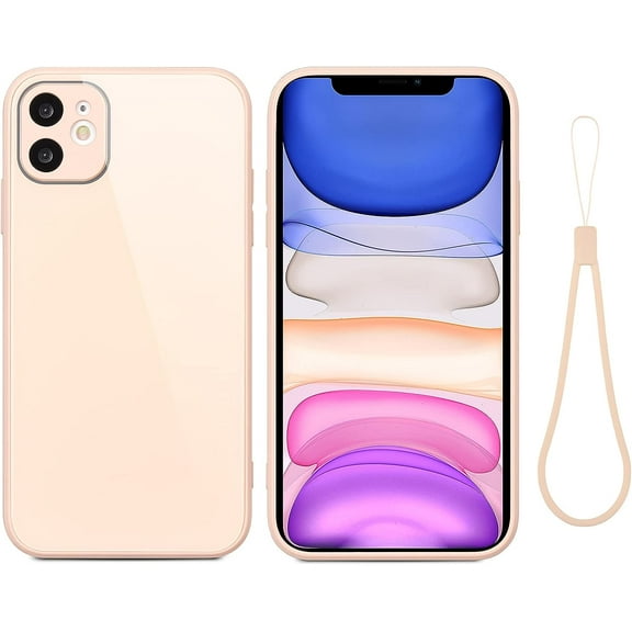 Case for iPhone 11 6.1 inch, Slim Soft Liquid Silicone Phone Case with Tempered Glass Back Fashion Hand Strap Shockproof TPU Bumper Cover - Sand Pink