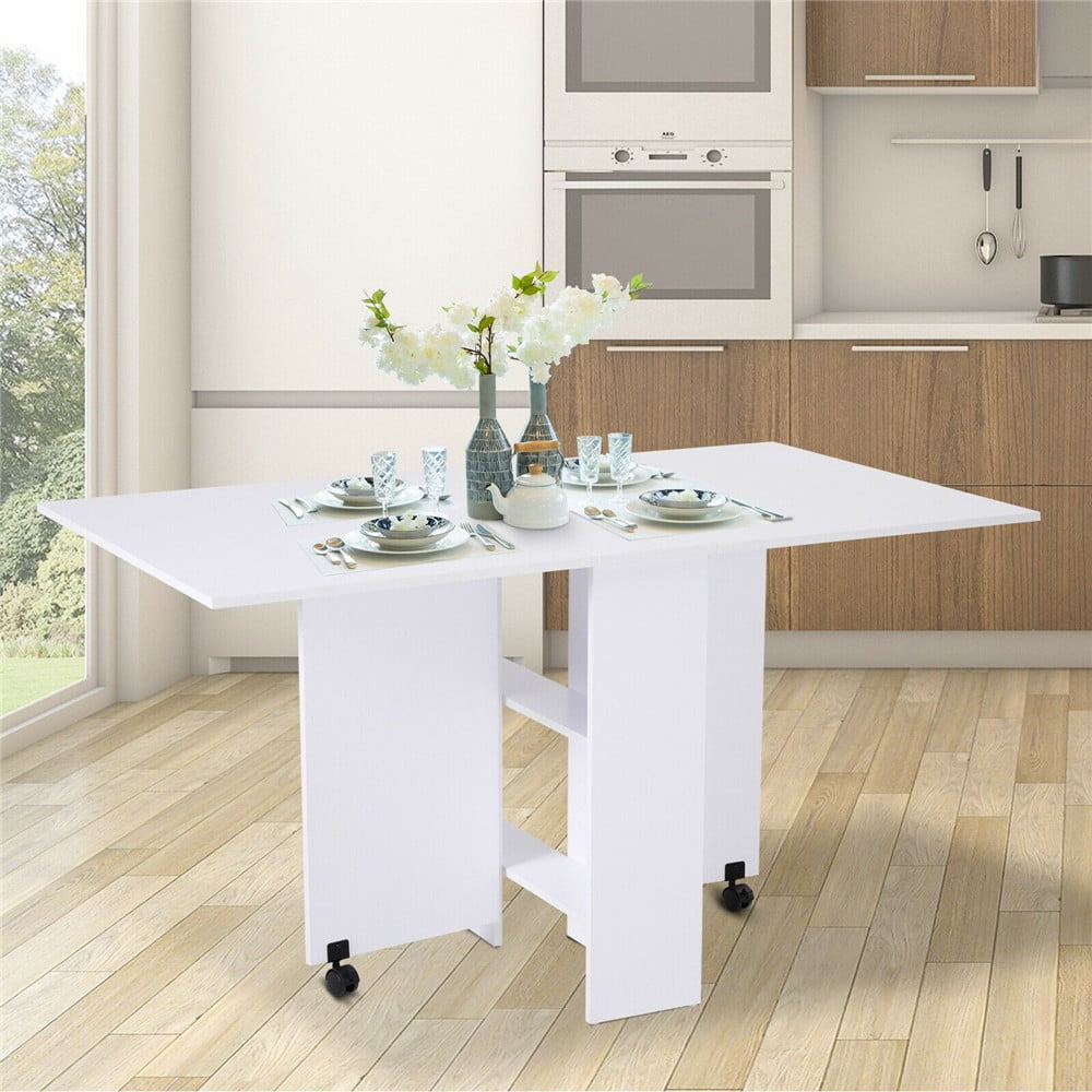 Foldable Kitchen Table, Rolling Wood Folding Dining Table on Wheels for