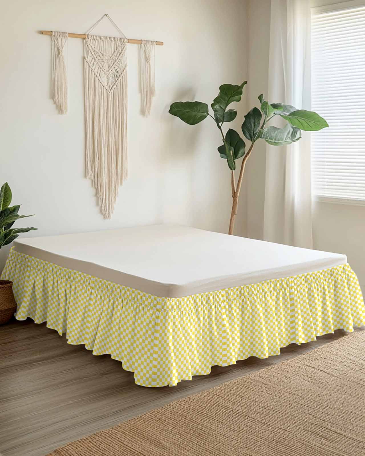 Yellow White Plaid Wrap Around Bed Skirts for Queen Bed 18" Drop,Bed Skirt with Adjustable Elastic Belt Dust Ruffle Bed Valance for Bedroom Hotel Modern Retro Geometric Checkered Bed Frame Cover