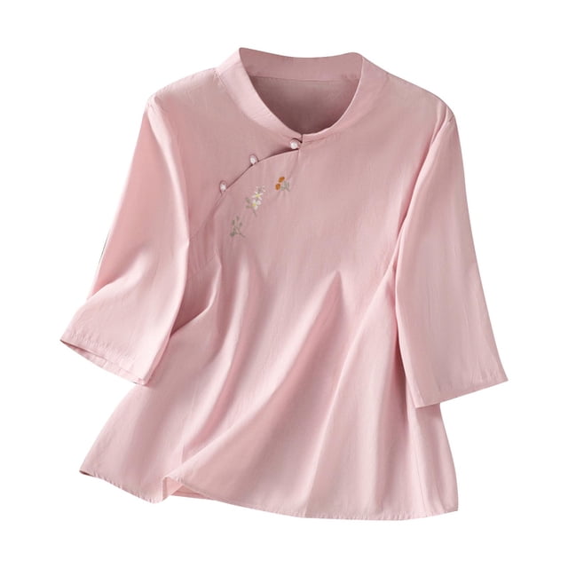Vestidos Casuales Para Mujer, Blusas De Mujer De Moda Blusa de moda para mujer con cuello alto, mangas 3/4 y botones bordados de lino sintético