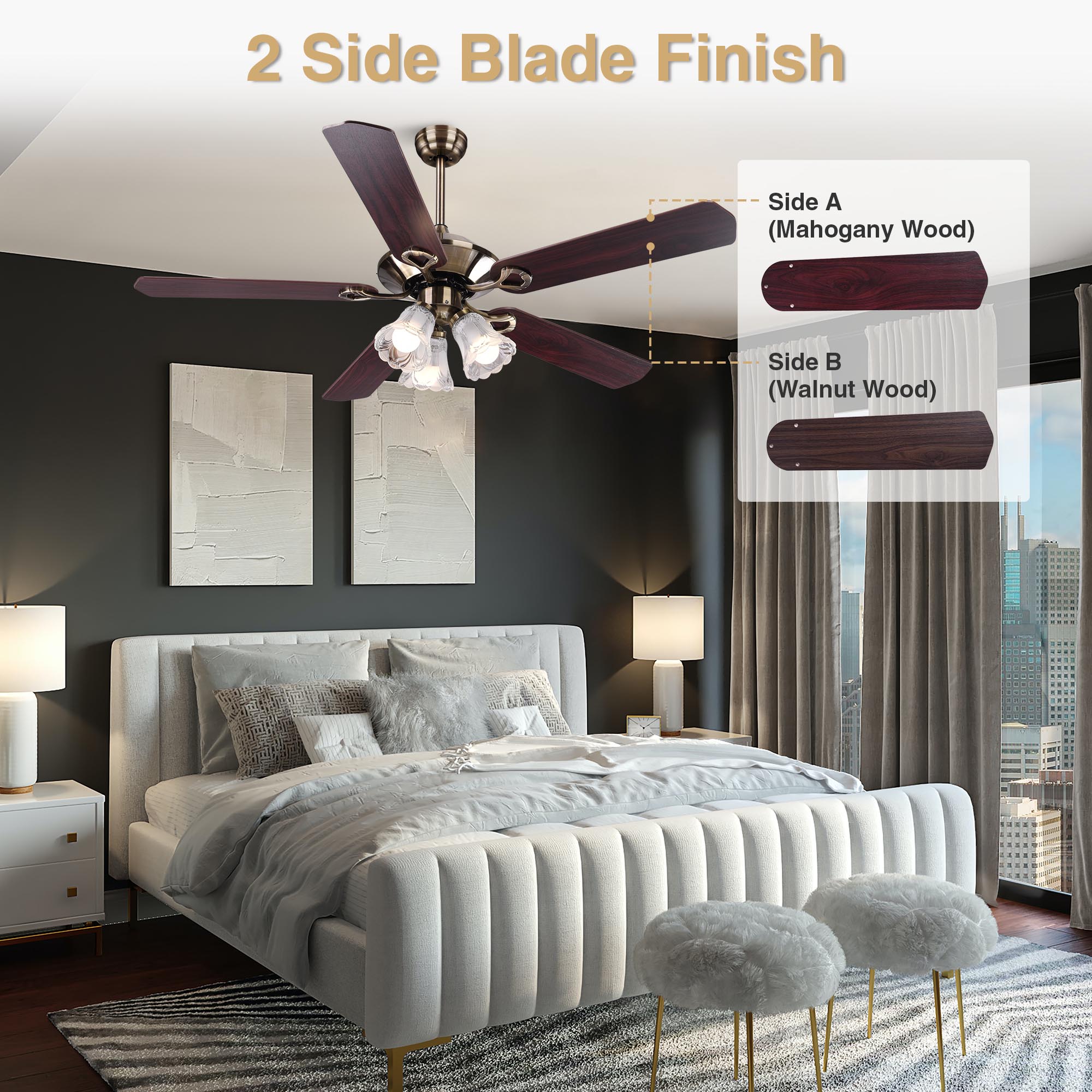DELight 52 inch Ceiling Fan with Lights Remote Control Reversible Blades  Frosted Glass Light Indoor Ceiling Fan Antique Bronze