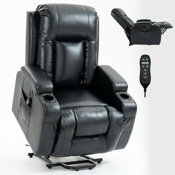 Resenkos Heavy-Duty Power Lift Recliner with Massage and Cup Holders - Black