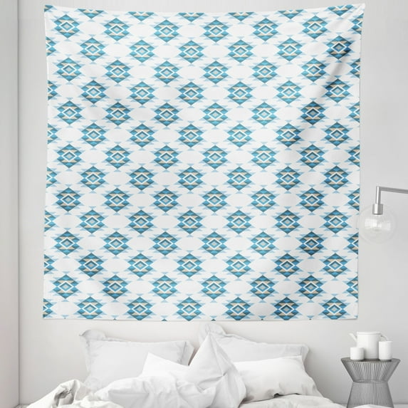 Vintage Aztec Tapestry, Ethnic Motifs Continuous Pattern Tribal Concept Geometric Art, Fabric Wall Hanging Decor for Bedroom Living Room Dorm, 5 Sizes, Sky Blue Tan and White, by Ambesonne