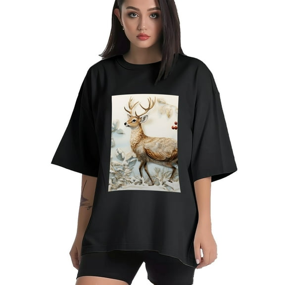 Plus Size Shirt for Women Black Tops for Women Short Sleeves Shirt for Women Reindeer In Snow T Shirt Crewneck Shirt for Women XS