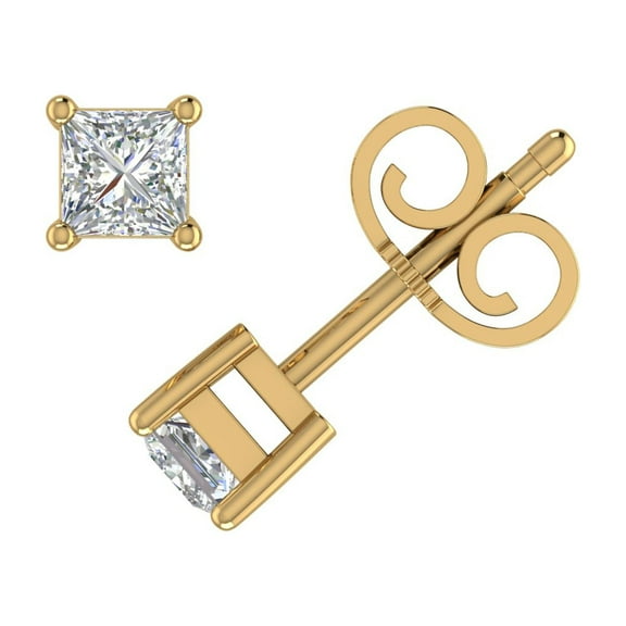 1/3 Carat Princess Cut Diamond Stud Earrings in 14K Yellow Gold (I1-I2 Clarity)