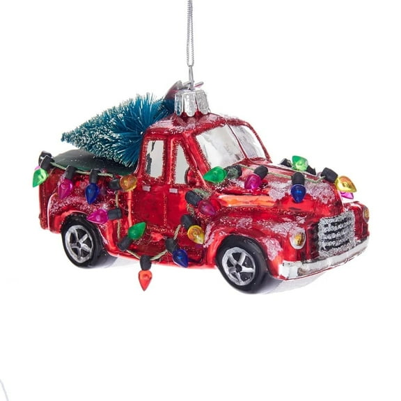Kurt Adler Noble Gems Red Pickup Truck with Tree Glass Christmas Ornament, 4.5 inches