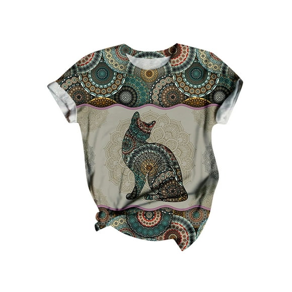 DYMADE Women's Fashion Print Short Sleeve Crew Neck Casual T-shirt Summer Top