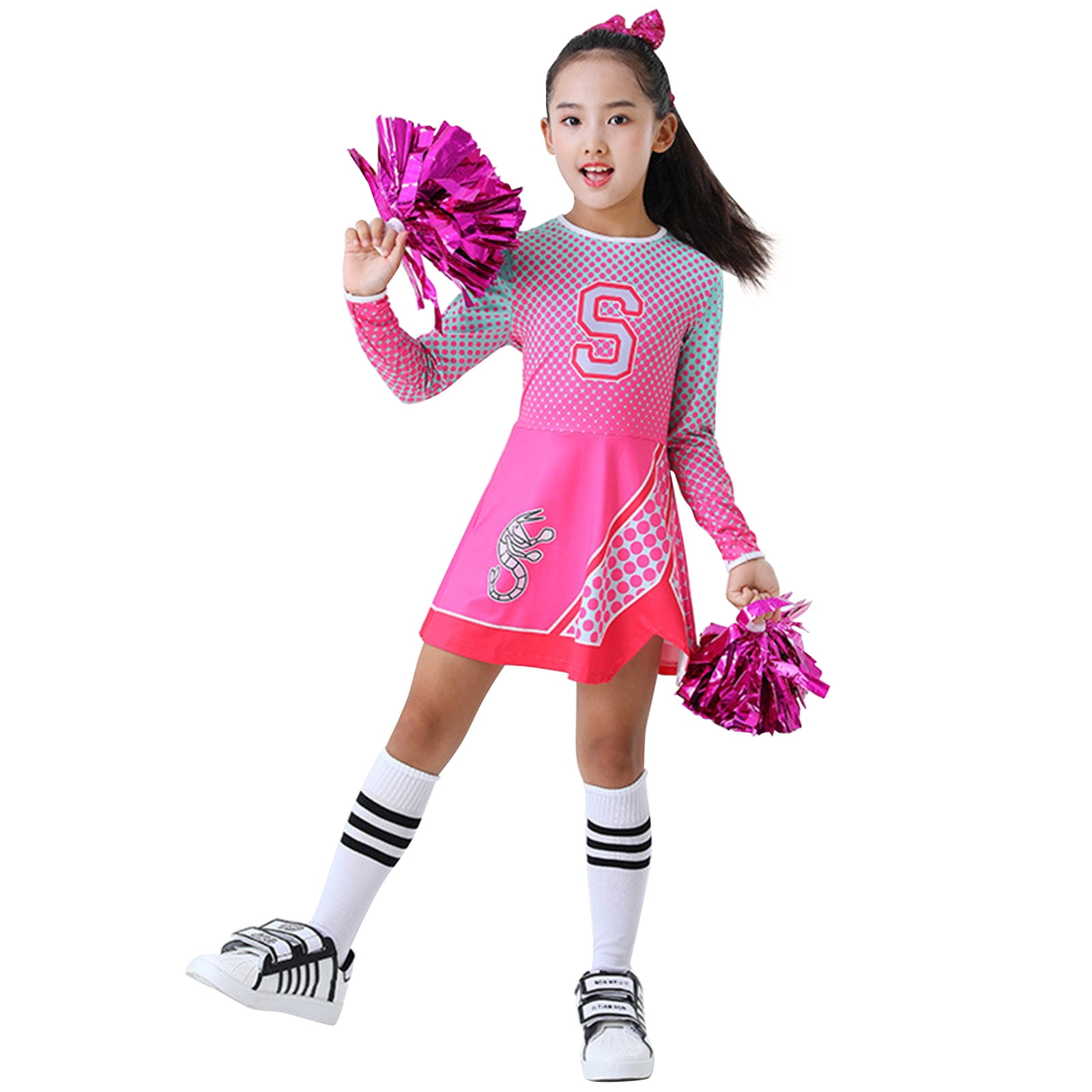 World Book Day Costume Girls Dresses Cheerleader Party Dress up Fancy Dress Cheerleader with Pom Poms